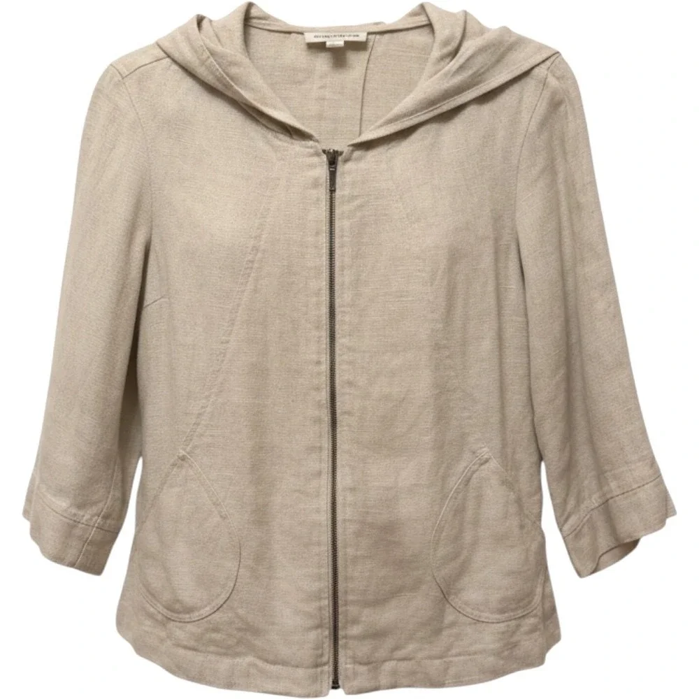 Coldwater Creek Beige 100% Linen Full Zip Hooded Jacket 3/4 Sleeve Small Travel